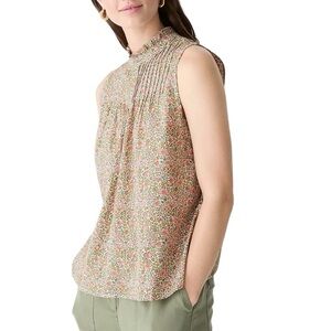 J. CREW Pintuck Micro Floral Sleeveless Cotton Poplin Blouse